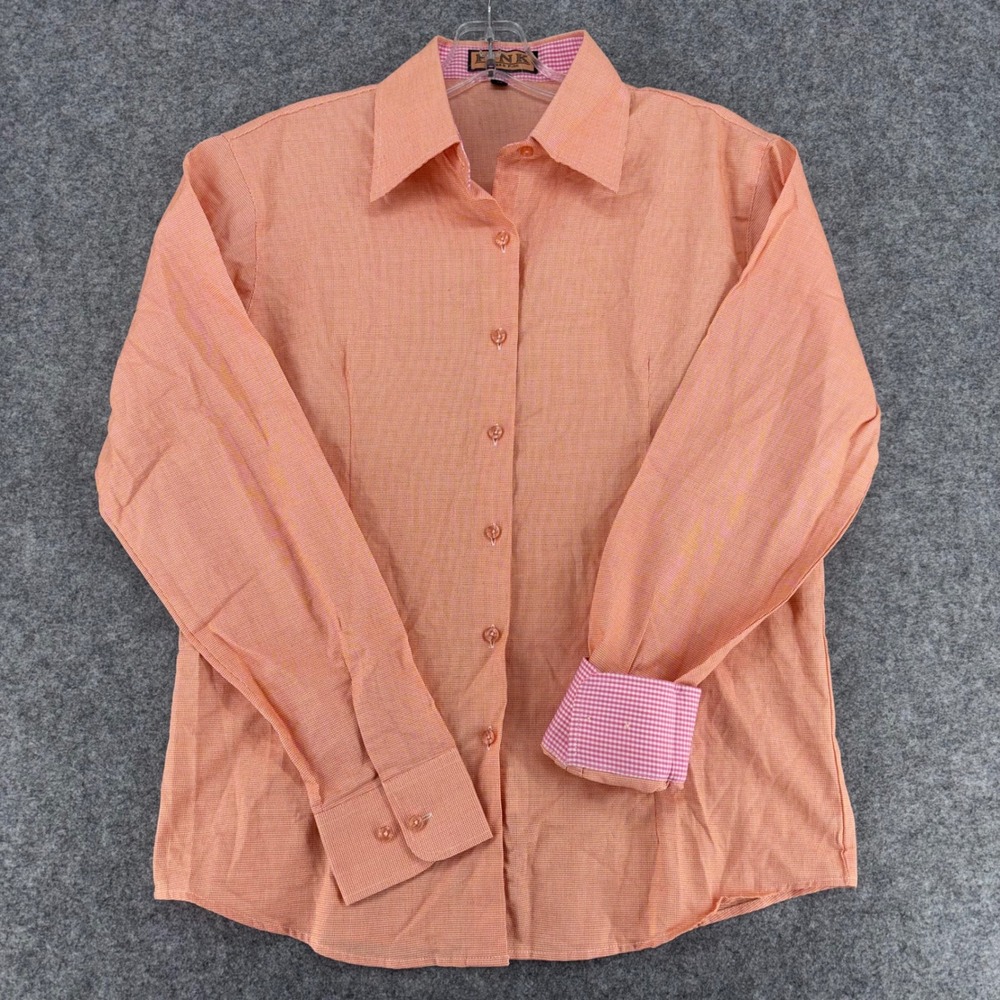 Thomas Pink Orange Micro Check Cotton Button Shirt Pink Gingham Trim Size 14